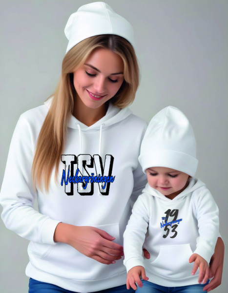 Recyceltes Unisex-Sweatshirt mit Kapuze weiß inkl. Druck